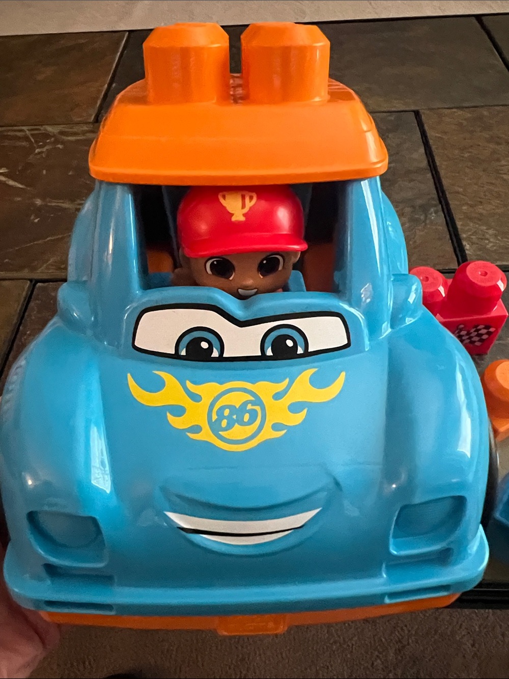 Mega Brand Toy Car with Driver and A Few Mega Blocks (6 piece set and car)-EUC